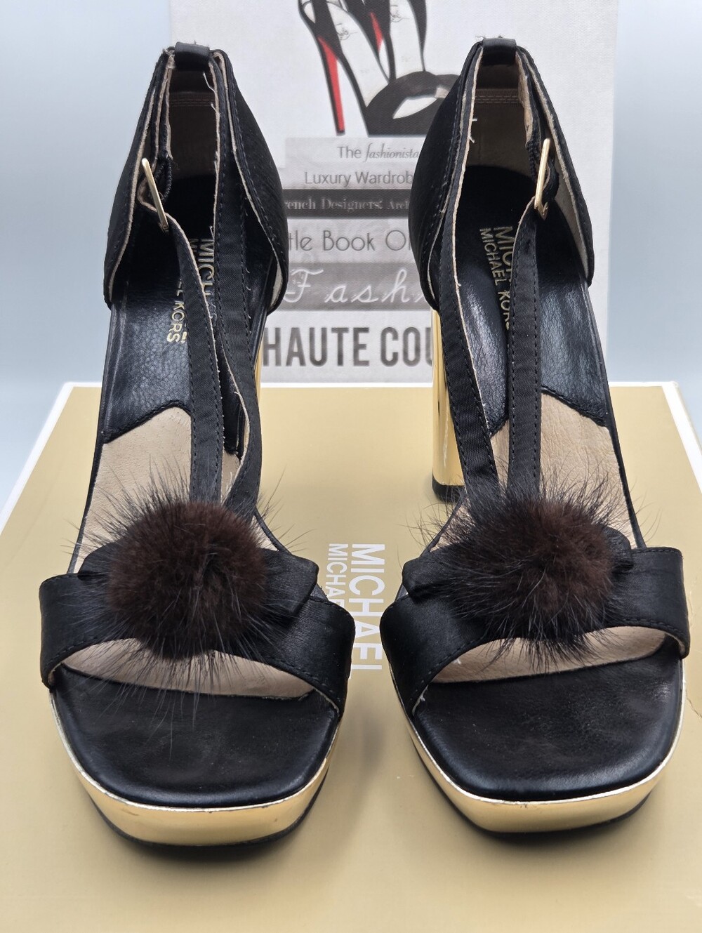 Michael Kors Black Ankle-Strap Heels with Brown Pom-Pom Detail